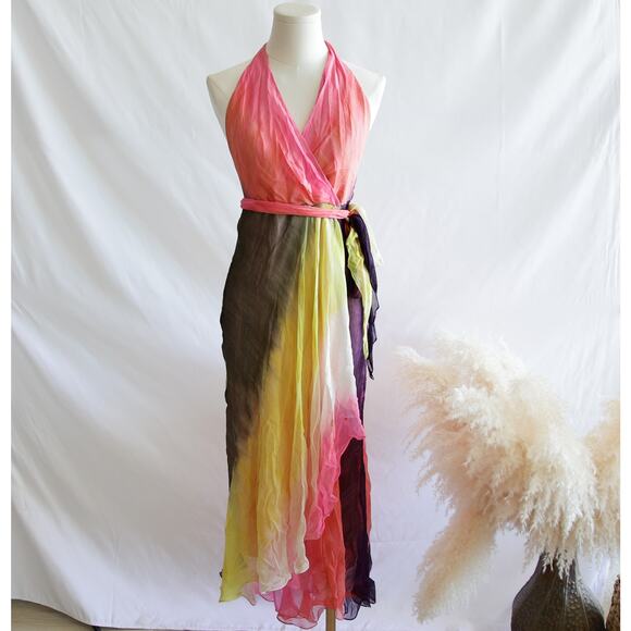 BCBGMAXAZRIA y2k Vintage Silk rainbow wrap dress size 4 S - Picture 1 of 8